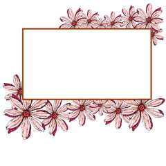 WATERCOLOR ILLUSTRATION SQUARE FRAME OF SMALL FLOWERS OF CALICO AND GRASS FOR PHOTOS ,INVITATIONS,GREETINGS