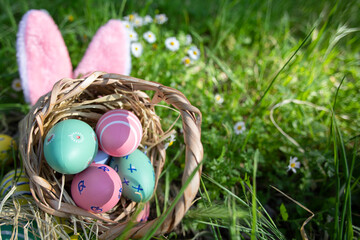 Easter eggs and bunny ears on grass