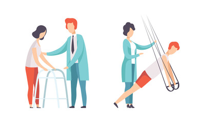 Fototapeta premium Physical Therapy or Physiotherapy with Therapist Restoring Health after Trauma or Injury Vector Set