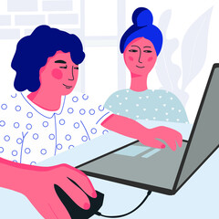 online education concept.Webinar online concept illustration. Mother and son use video chat on laptop to make conference. Set of people business activity. Work remotely from home. 