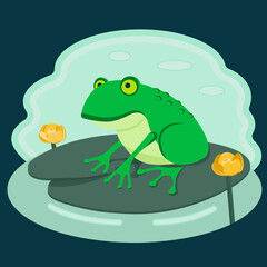 Vector illustration of a frog in a swamp. Frog on a leaf.