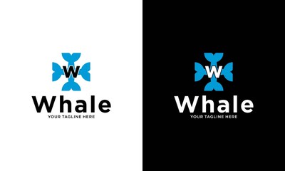 letter w logo with whale tail and wave template design