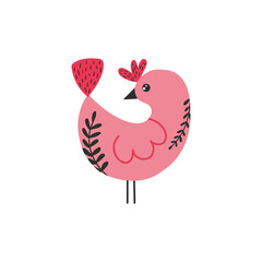 Little pink bird in cartoon style with decorative elements. Isolated on a white. Vector design element.