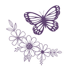Flowers and butterfly. Outline drawing. Line vector illustration isolated on white background. Design for invitations, wedding or greeting cards.