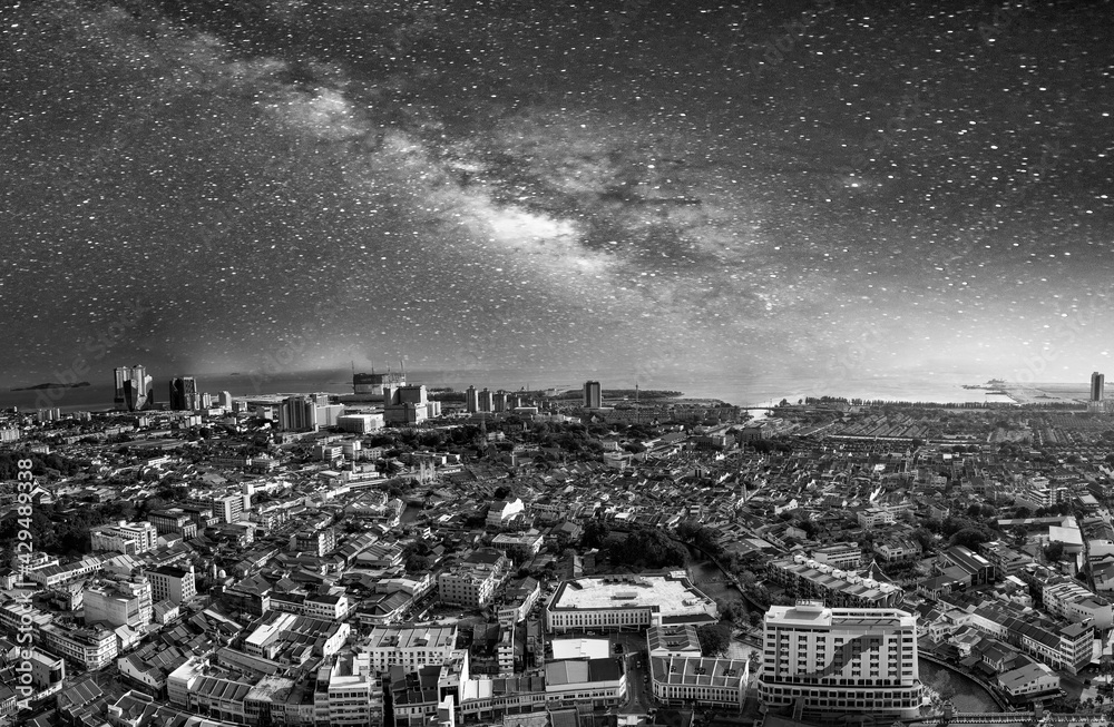 Wall mural panoramic aerial view of malacca on a beautiful starry night, malaysia