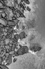 Overhead aerial view of Seychelles Beach with rocks, ocean landscape