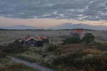 Fototapeta na wymiar a misty morning in the dunes of the Wadden Isle Vlieland in the Netherlands