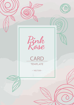 Luxury gentle Wedding Invitation, template. Postcard of creative hand painted with abstract rose. Modern Design in pink, beige and green color. Minimalistic image flowers, leaves. For poster, Website