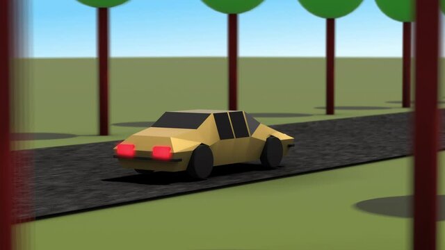 Low poly 3d animated car driving on a road with trees in 4K resolution