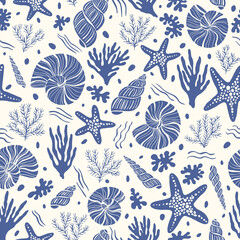 Hand-Drawn Sea Shells, Fossils, Starfish, Corals, Seaweeds, Waves Abstract Vector Seamless Pattern. Summer Beach Seaside Print. Ocean Fashion Textile Blue, White Background. Seashore Elements Texture