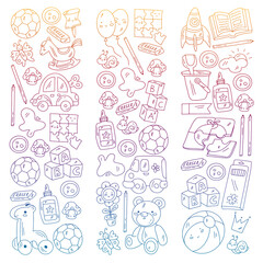 Vector pattern with boys and girls. Kindergarten and toys. Happy childhood and creativity with imagitanion.