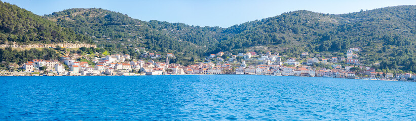 Naklejka na ściany i meble View from water of mediterranean town Vis without tourists. Yachtind destination, island Vis, Croatia