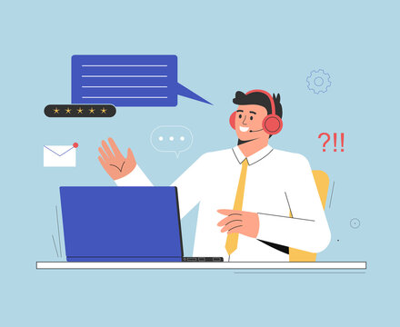 Customer support concept. Man with headphones and microphone with laptop. Vector flat cartoon illustration