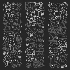 Vector pattern with boys and girls. Kindergarten and toys. Happy childhood and creativity with imagitanion.