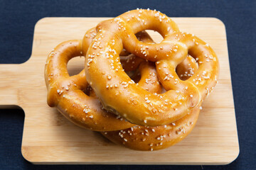 Closeup of pretzels on a wooden board