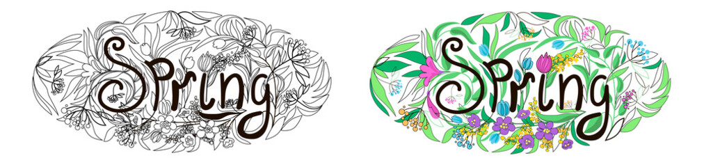 Set of two spring illustrations in doodle style - coloring and color. The letter word Spring is drawn in black, delicate flowers, tulips, mimosa and leaves are drawn around. Vector illustration.