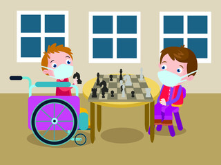 Kids playing chess cartoon 2d vector concept for banner, website, illustration, landing page, flyer, etc.