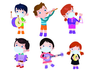 Children plays various music cartoon 2d vector concept for banner, website, illustration, landing page, flyer, etc.