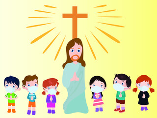 Obraz premium Jesus with kids wearing facemask cartoon 2d vector concept for banner, website, illustration, landing page, flyer, etc.