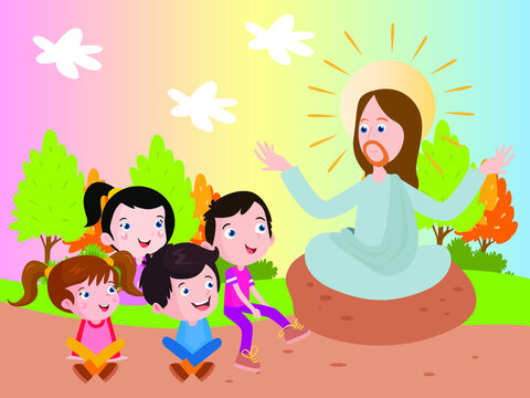 Jesus tells story to kids cartoon 2d vector concept for banner, website, illustration, landing page, flyer, etc.