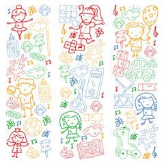 Vector pattern with boys and girls. Kindergarten and toys. Happy childhood and creativity with imagitanion.