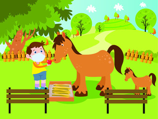 Feeding horses cartoon 2d vector concept for banner, website, illustration, landing page, flyer, etc.