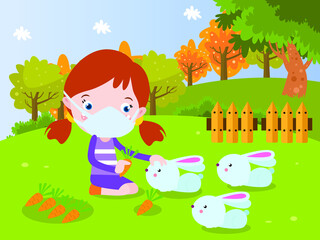 Girl plays with rabbit cartoon 2d vector concept for banner, website, illustration, landing page, flyer, etc.