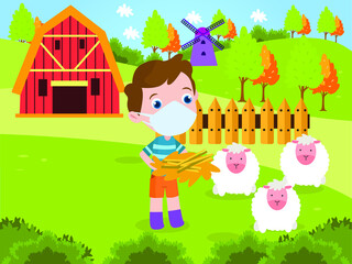 Obraz na płótnie Canvas Boy feeding sheep cartoon 2d vector concept for banner, website, illustration, landing page, flyer, etc.