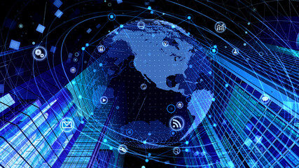 Global Communication Technology Smart City AI World 3D illustration.
