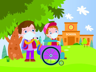 Obraz na płótnie Canvas Student in wheel chair at school cartoon 2d vector concept for banner, website, illustration, landing page, flyer, etc.