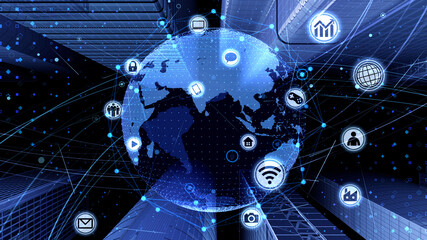 Global Communication Technology Smart City AI World 3D illustration.