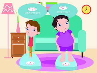 Boys on weight scales cartoon 2d vector concept for banner, website, illustration, landing page, flyer, etc.
