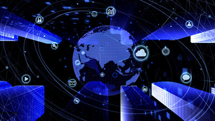Global Communication Technology Smart City AI World 3D illustration.