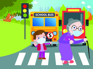 Student helps elderly cross the road cartoon 2d vector concept for banner, website, illustration, landing page, flyer, etc.