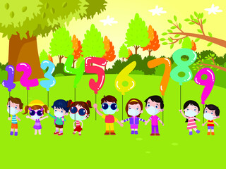 Kids holding balloon numbers cartoon 2d vector concept for banner, website, illustration, landing page, flyer, etc.