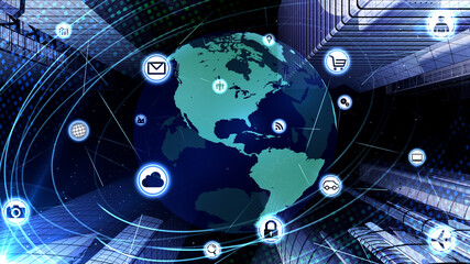Global Communication Technology Smart City AI World 3D illustration.