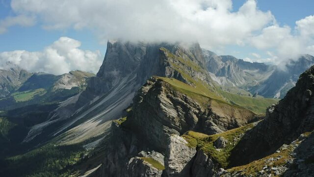 Seceda and Furchetta summit peaks in Trentino Alto Adige, Dolomites Alps, South Tyrol, Italy, Europe. Epic and unique most visited mountain range in Val Gardena, Dolomiti