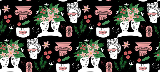 Antique, ancient greek pattern. Flowers and statues. Creative ornaments. Apollo bust with glasses. Bohemian portraits. Fashionable print. Heads of a man and a woman. Ancient statues in a modern style.