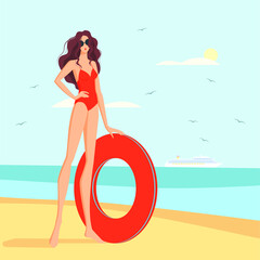 Vector flat design set: attractive sporty young woman in red swimsuit  with lifebuoy, summer sea landscape. For design card, poster, flyer about fitness, travel, tourism, vacations.