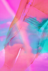 Contemporary digital collage art. Girl back in 90s pop zine culture in pink clouds and rainbow....