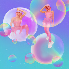 Contemporary digital collage art. Girl back in 90s pop zine disco culture in bubbles creative space.
