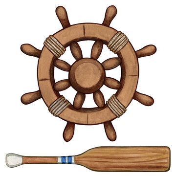 wooden steering wheel helm and oar