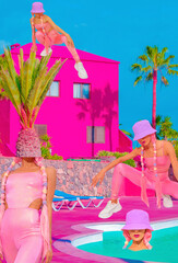 Plakat Contemporary digital collage art. Girls back in 90s pop zine culture. Vacation space, swimming pool Party