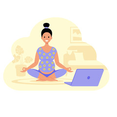 Pregnant woman practices yoga at home online, laptop. Vector stock illustration. 