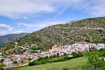 Fototapeta na wymiar View of white village with mountains to the rear, Alpandeire, Serrania de Ronda, Malaga province, Andalusia, Spain.