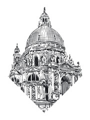 The dome of the cathedral in the classical style with arches, statues and clocks. Sketch on a beige background.