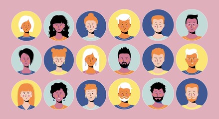 Obraz premium Smiling people avatar set. Different men and women characters collection. Isolated vector illustration on pink background