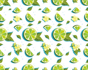 seamless pattern with tropical citrus fruit lime, bright, colorful background for summer design, stylized vector graphics