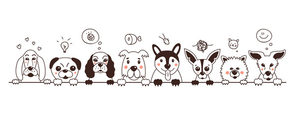 Doodle with cute dogs on a white background. Vector illustration