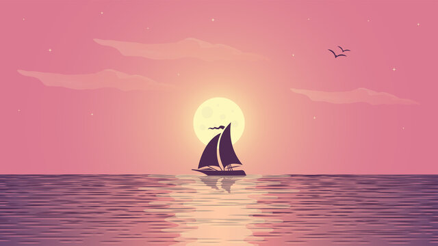 Night Moonlight Sea View Illustration.